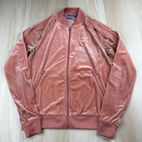 Adidas Original Womens Salmon Pink Velvet Vibes Full Zip Track Jacket Size S - Picture 1 of 12